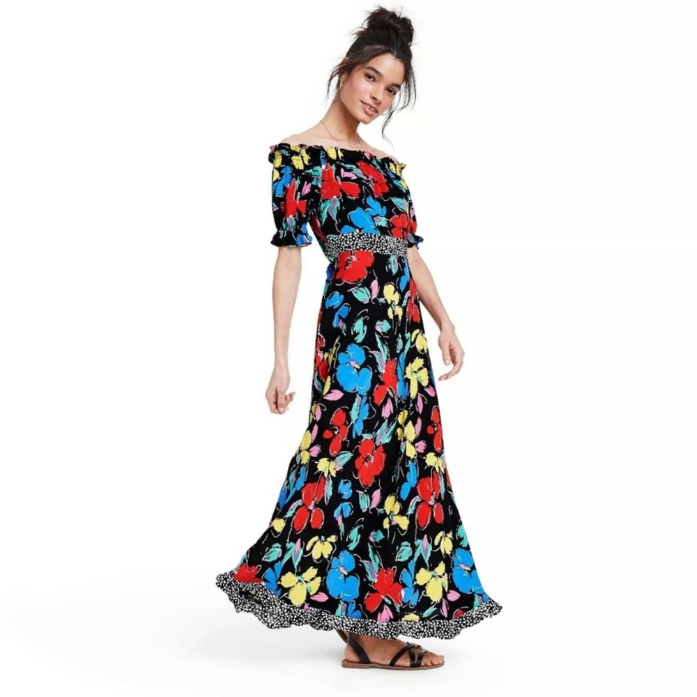 Rixo X Target Black Floral Off Shoulder Maxi Dress Size 2
